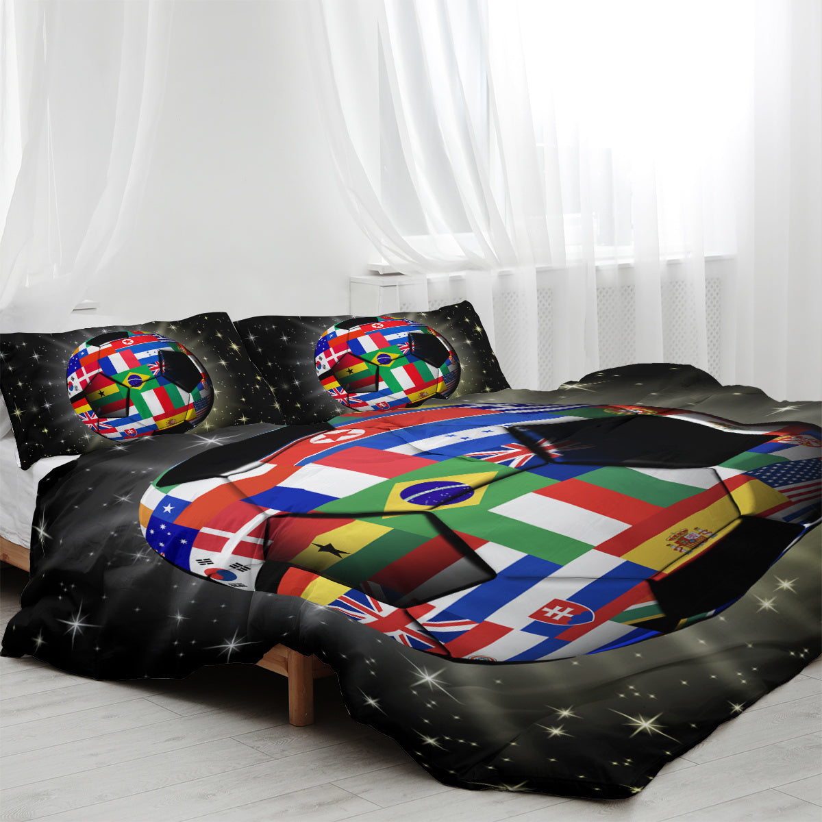 3D Soccer Ball Bedding Set Football World Flags Print Duvet Cover Sets For Teen Boys Sports Bedding Sets Universe Stars Black Bed Quilt Cover