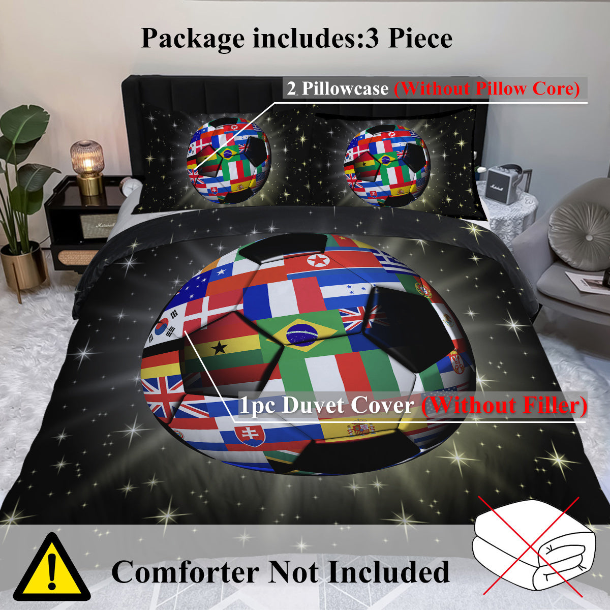 3D Soccer Ball Bedding Set Football World Flags Print Duvet Cover Sets For Teen Boys Sports Bedding Sets Universe Stars Black Bed Quilt Cover