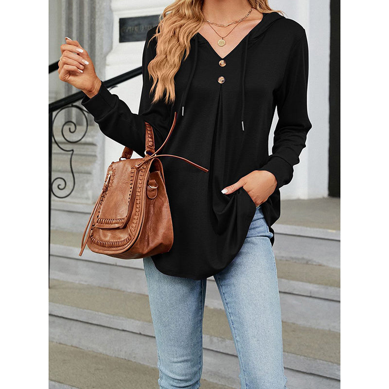 Women's Long Sleeve Hooded Tunic Tops Button Swing Pullover Hoodie Sweatshirts