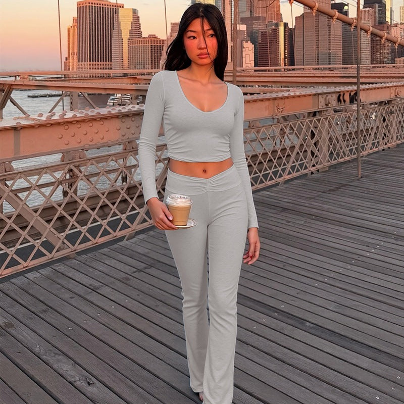 Fashion Midriff-baring Long Sleeve Top Waist-tight Solid Color Wide-leg Pants Suit