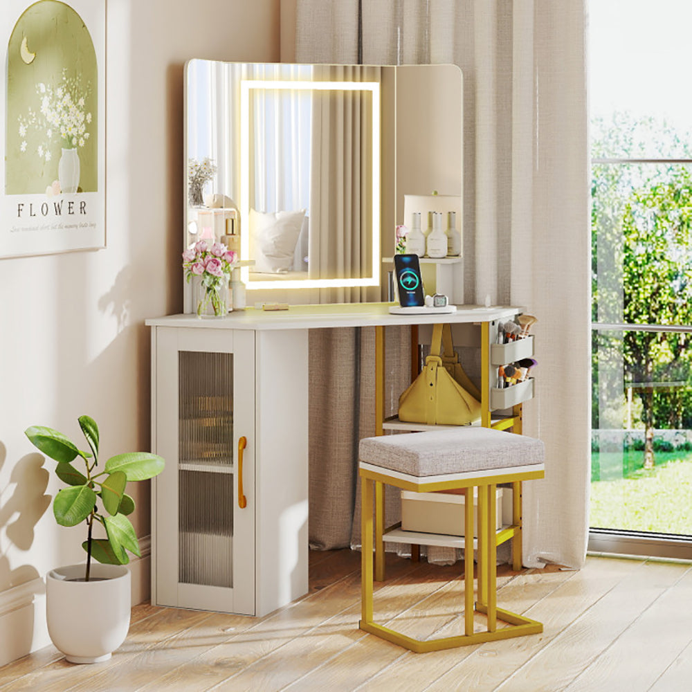 Corner Vanity Desk With Mirror And Lights Makeup Dressing Table With Triple Mirror