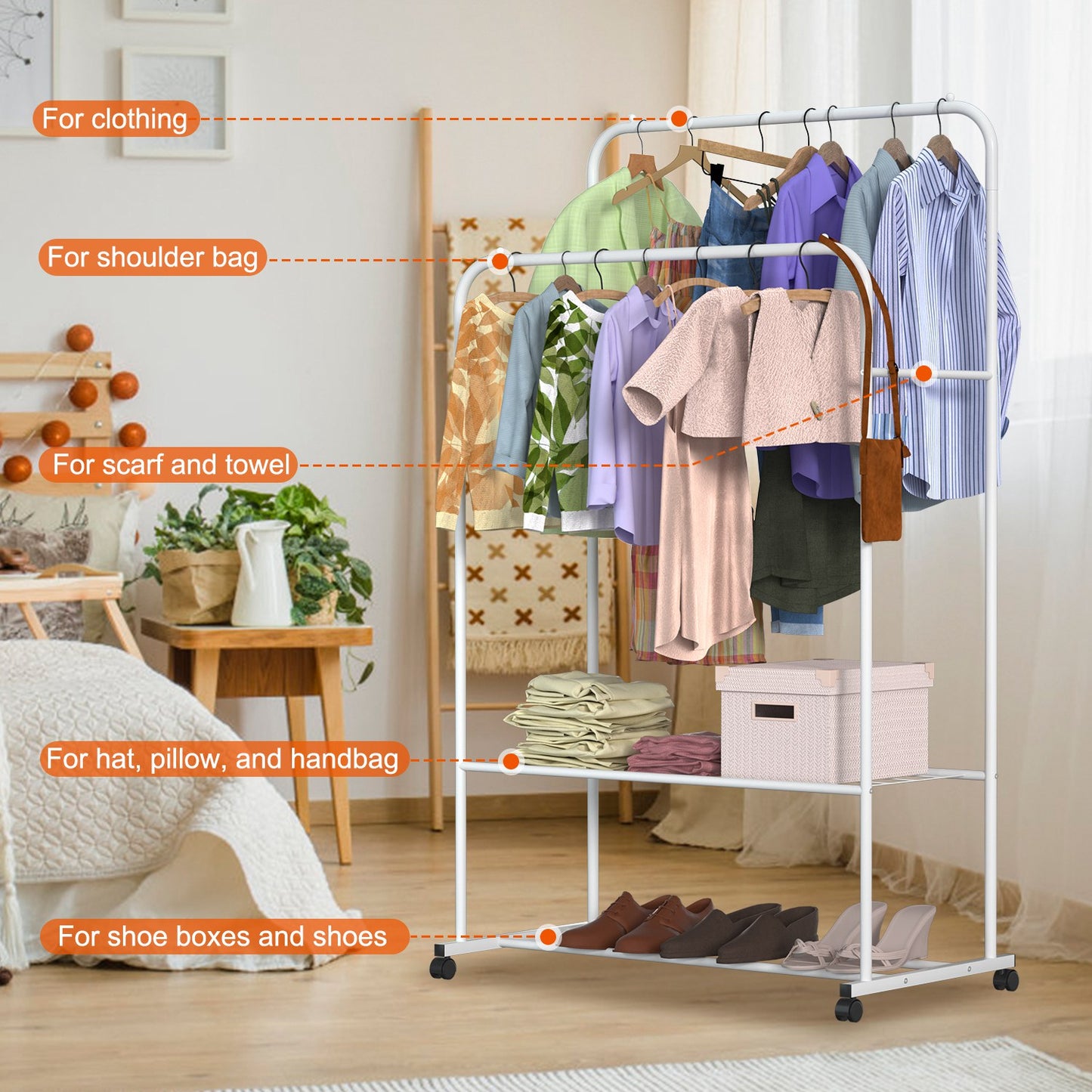 1Pc Garment Hanging Rack Clothing Hanging Rail Pillow Shoe Display Organizer Stand Rolling Wheel Clothes Organizer