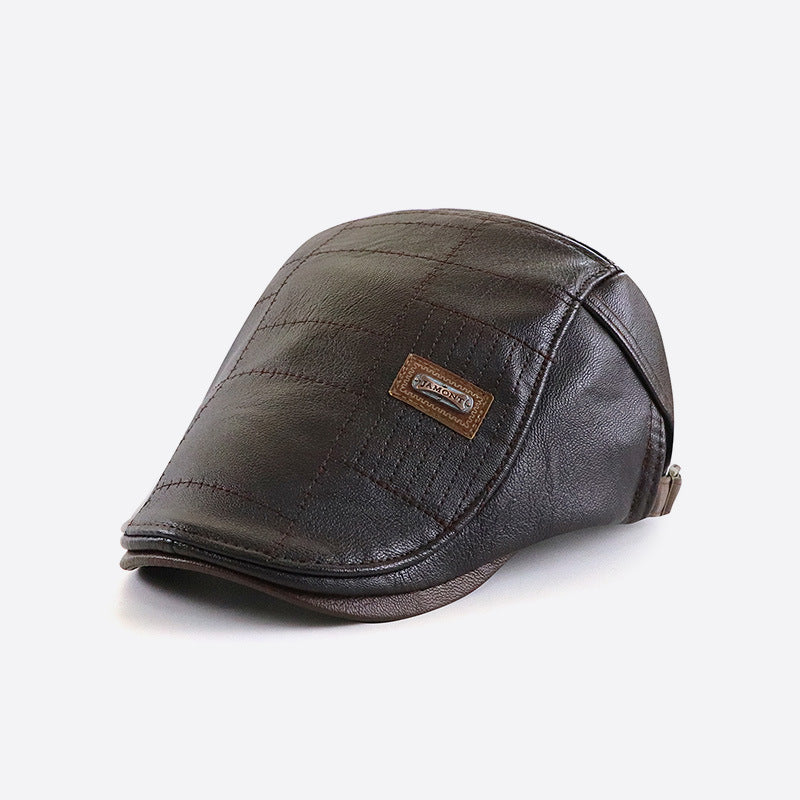Fashionable All-match PU Leather Peaked Cap Fleece-lined Warm