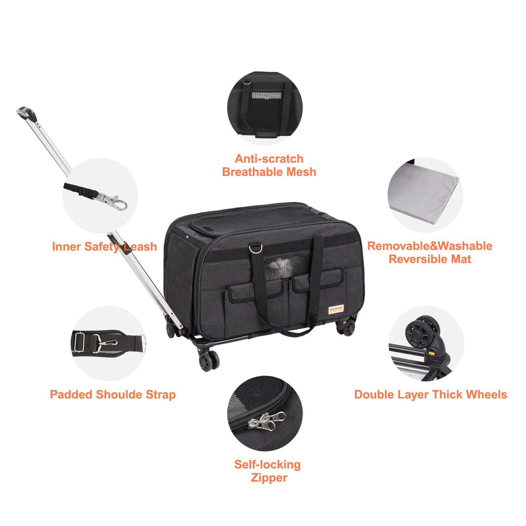 Cat Carrier With Wheels, Rolling Pet Carrier With Telescopic Handle And Shoulder Strap, Dog Carrier With Wheels For Pets Under 35 Lbs, With 1 Folding Bowl, Black