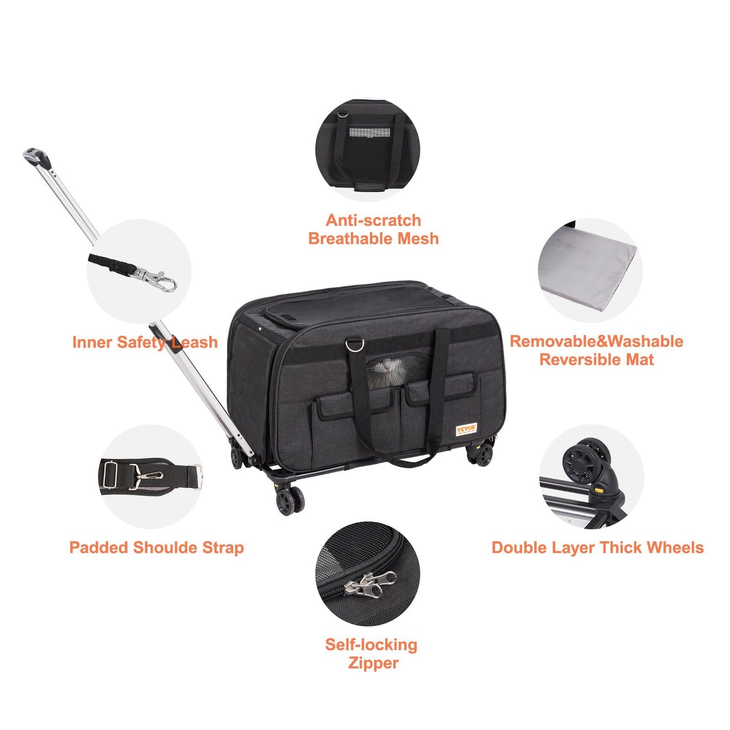 Cat Carrier With Wheels, Rolling Pet Carrier With Telescopic Handle And Shoulder Strap, Dog Carrier With Wheels For Pets Under 35 Lbs, With 1 Folding Bowl, Black