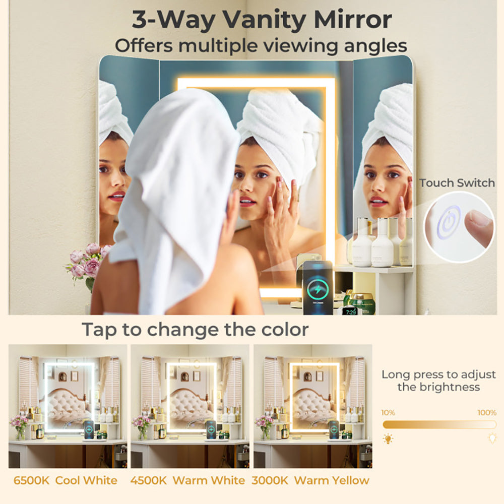 Corner Vanity Desk With Mirror And Lights Makeup Dressing Table With Triple Mirror