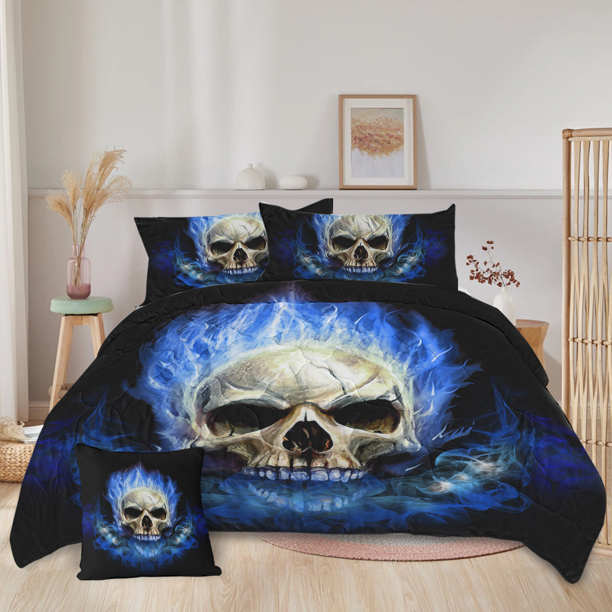 4 Piece Blue Fire Skull Comforter Set, 3D Skeleton Printed Bedding With 1 Comforter, 2 Shams, 1 Cushion Cover, Black Queen Size