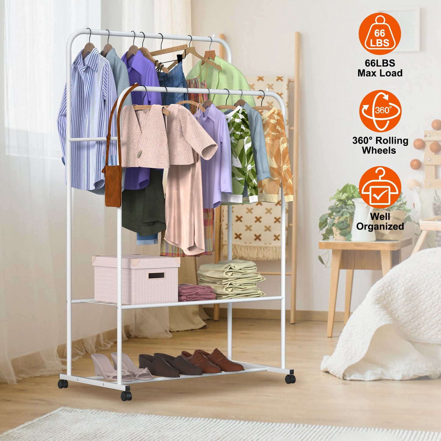 1Pc Garment Hanging Rack Clothing Hanging Rail Pillow Shoe Display Organizer Stand Rolling Wheel Clothes Organizer