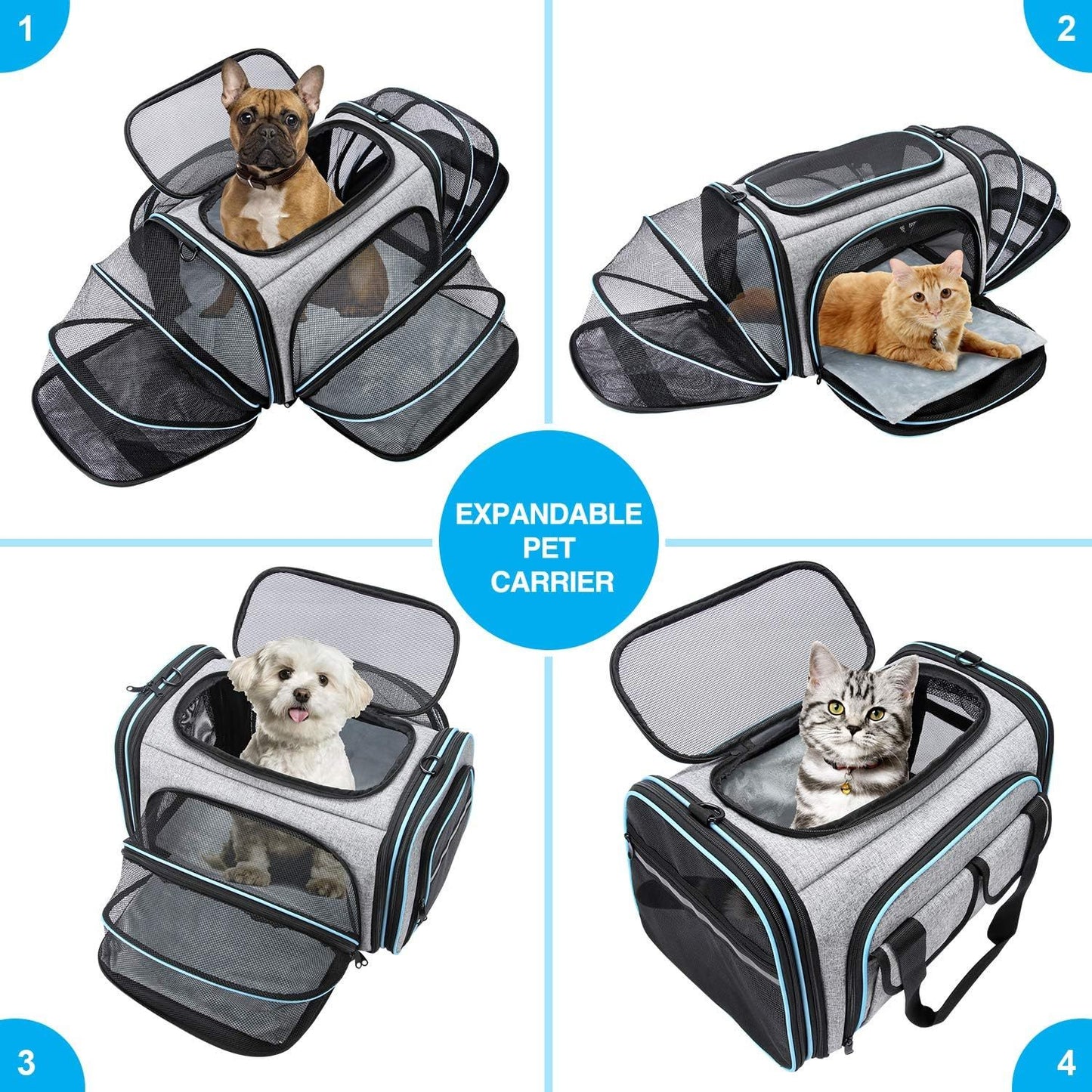 Approved Pet Carrier, Large Soft Sided Pet Travel TSA Carrier 4 Sides Expandable Cat Collapsible Carrier With Removable Fleece Pad And Pockets For Cats Dogs And Small Animals