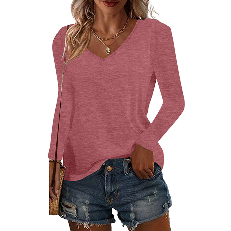 Womens Long Sleeve Shirts Fall Tops Basic Tshirts Loose Fit V Neck 3 Packs
