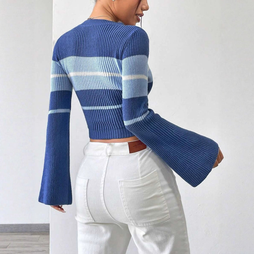 Round Neck Long Sleeve Flared Sleeves Striped Contrast Color Knitted Pullover
