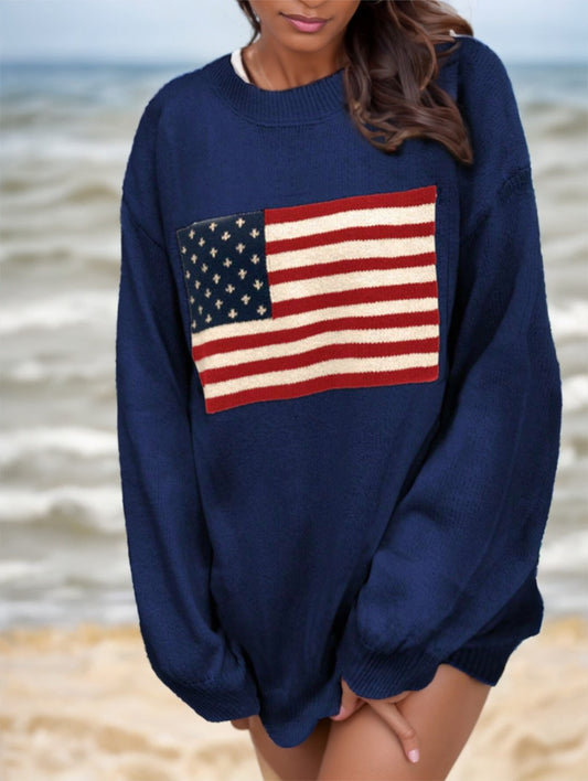 Usa Flag Design Drop Shoulder Sweater,Long Sleeve Tops
