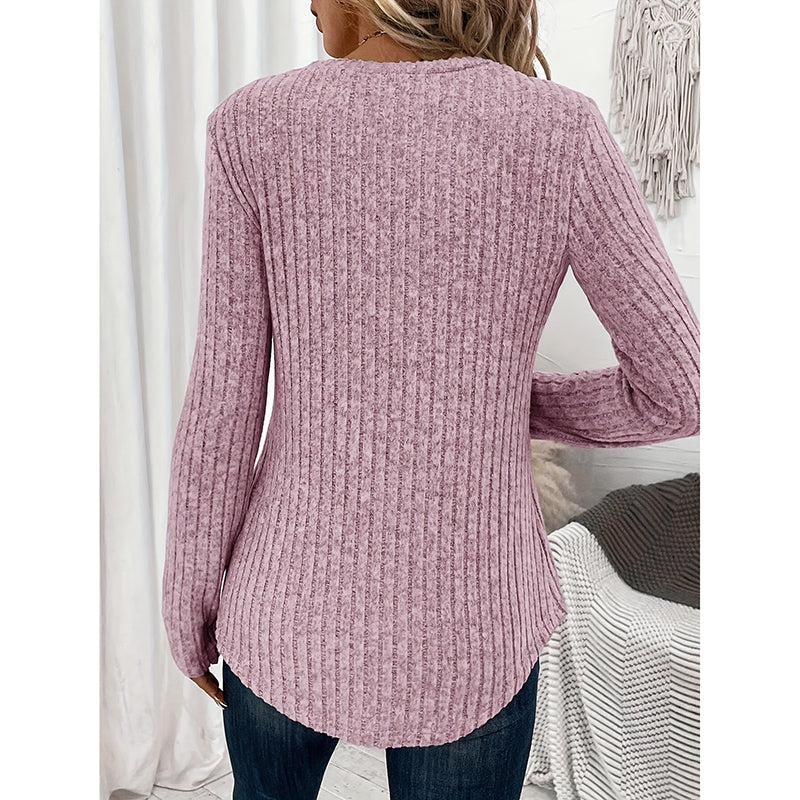 Womens Long Sleeves Ribbed Knit Tunic Shirts V Neck Button Down Slim Fit Blouses Tops