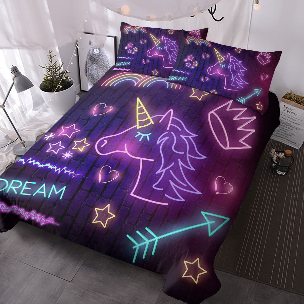 Star Bedding Neon  Pattern 3 Piece Black Duvet Cover Set