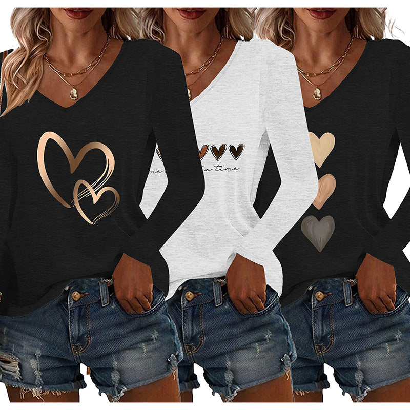 3PCS Women's Floral Heart Graphic T Shirts V Neck Long Sleeve Casual Fall Tops