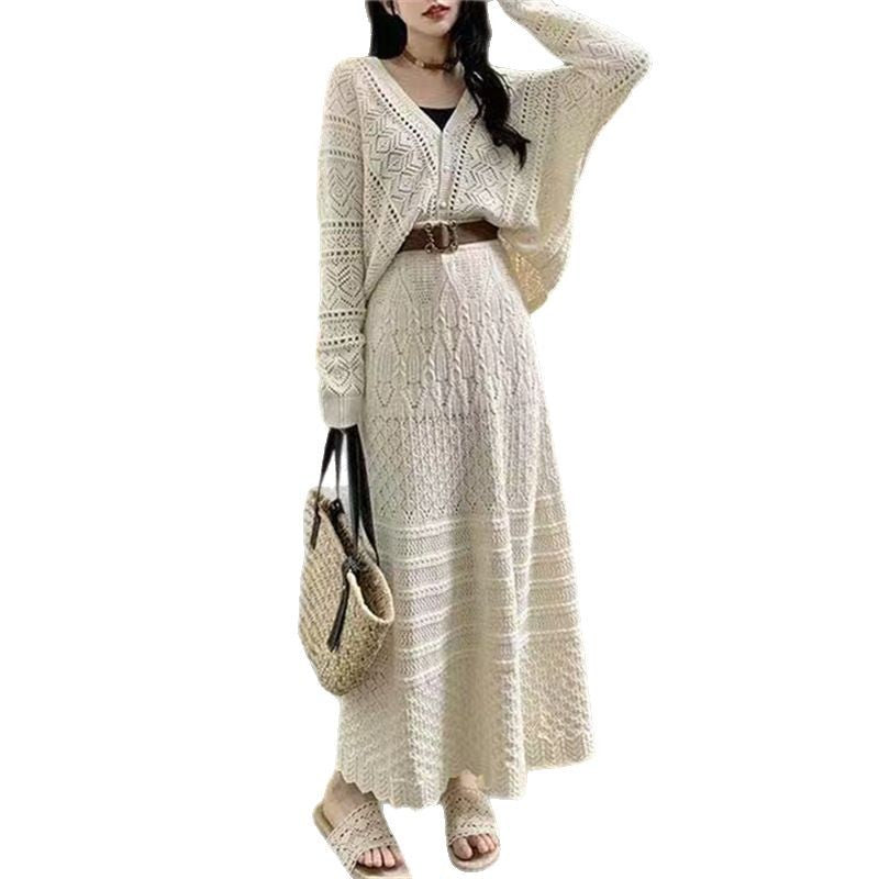 Hollowed-out Elegant Socialite Skirt Lace-up Two-piece Set