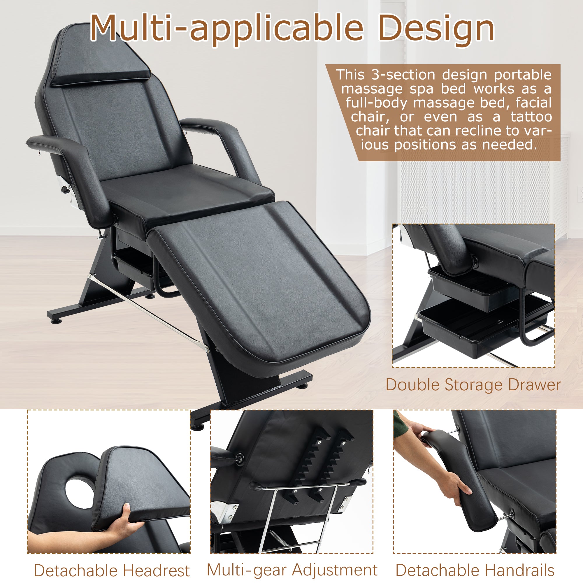 Massage Salon Tattoo Chair With Two Trays Esthetician Bed With Hydraulic Stool,Multi-Purpose 3-Section Facial Bed Table, Adjustable Beauty Barber Spa Beauty Equipment