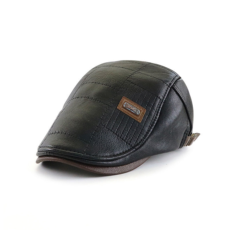 Fashionable All-match PU Leather Peaked Cap Fleece-lined Warm