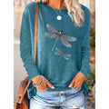 Women's Dragonfly Print Crew Neck T-Shirt, Casual Long Sleeve Top For Spring & Fall