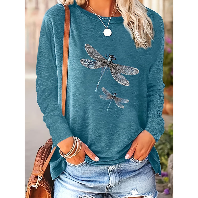 Women's Dragonfly Print Crew Neck T-Shirt, Casual Long Sleeve Top For Spring & Fall