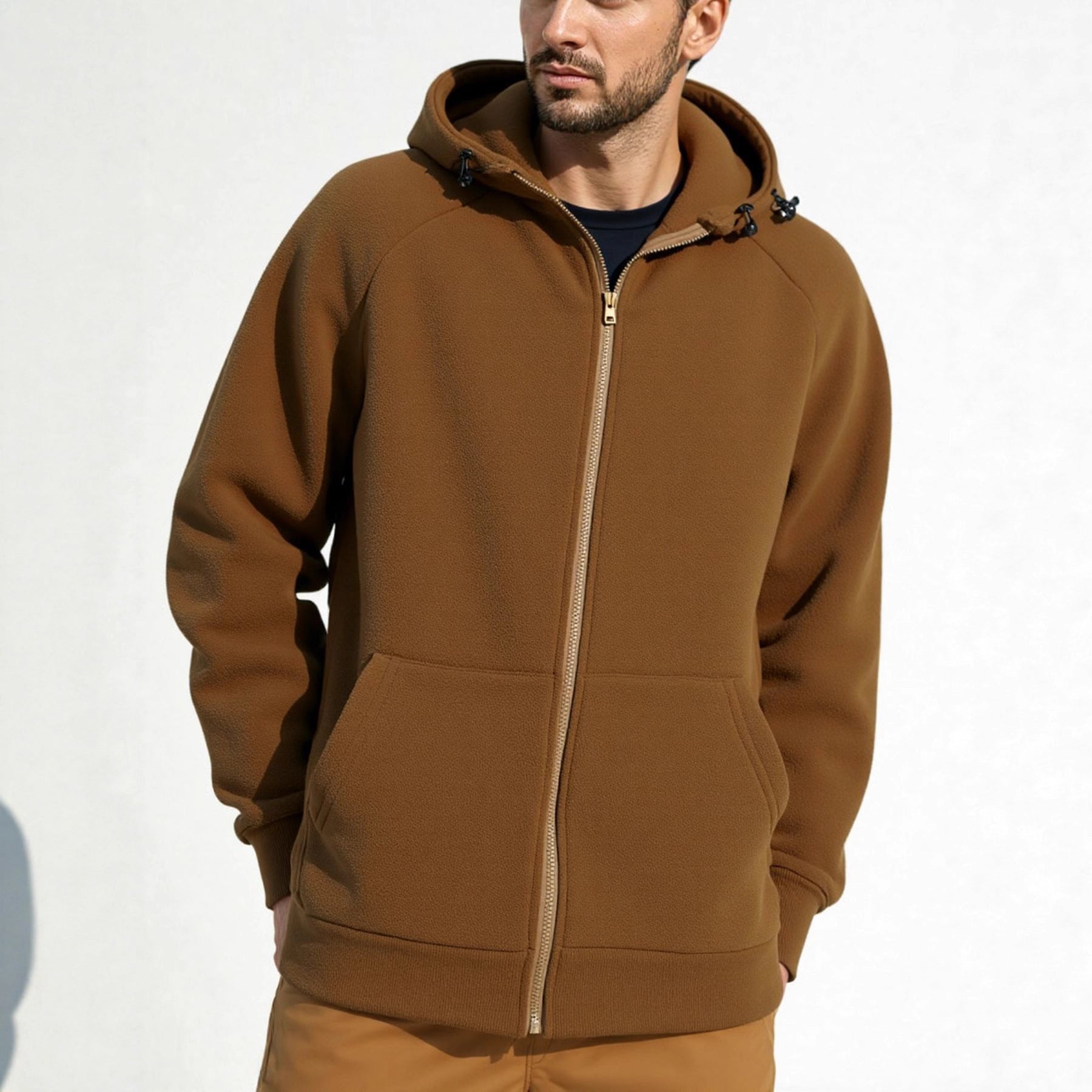 Solid Color Full Zipper Hooded Jacket Men's Sweater