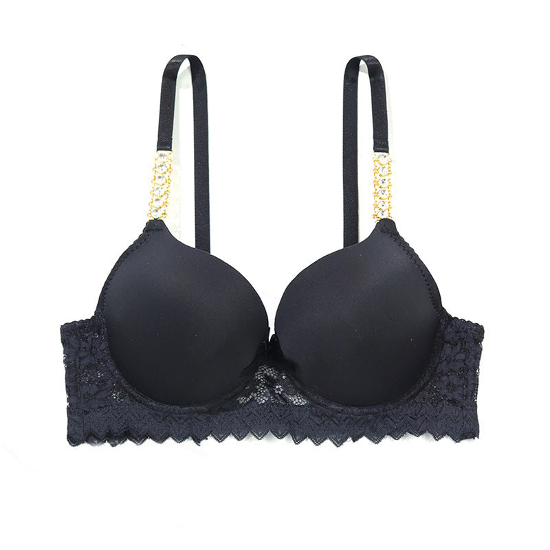 Women's French-style Lace Push Up Chain Flash Diamond Shoulder Strap Bra