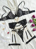 Flame Embroidered Chain Bra Hollow Ribbon Underwear Four-piece Set