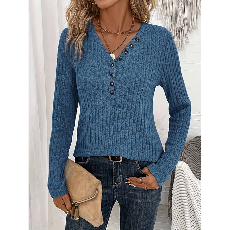 Womens Long Sleeves Ribbed Knit Tunic Shirts V Neck Button Down Slim Fit Blouses Tops