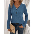Womens Long Sleeves Ribbed Knit Tunic Shirts V Neck Button Down Slim Fit Blouses Tops