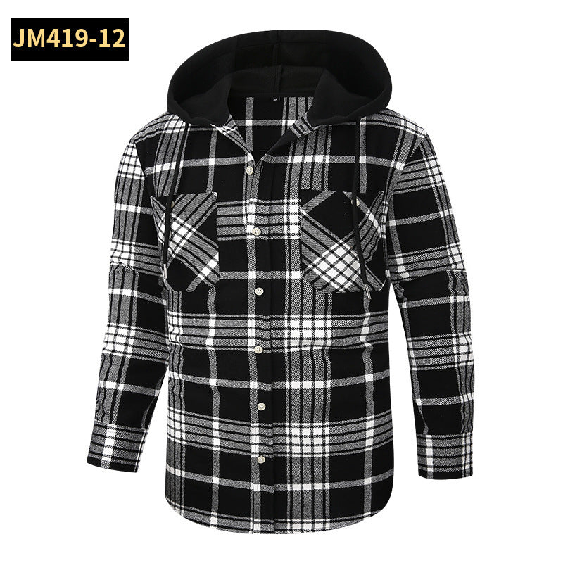 Loose Casual Flannel Long Sleeve Hooded Plaid Shirt