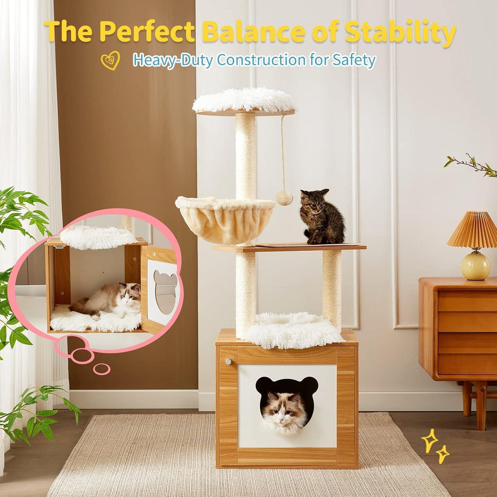 Solid Wood Cat Tree And Tower With Litter Box, Cat Scratching Board And Hammock For Indoor Large Cats