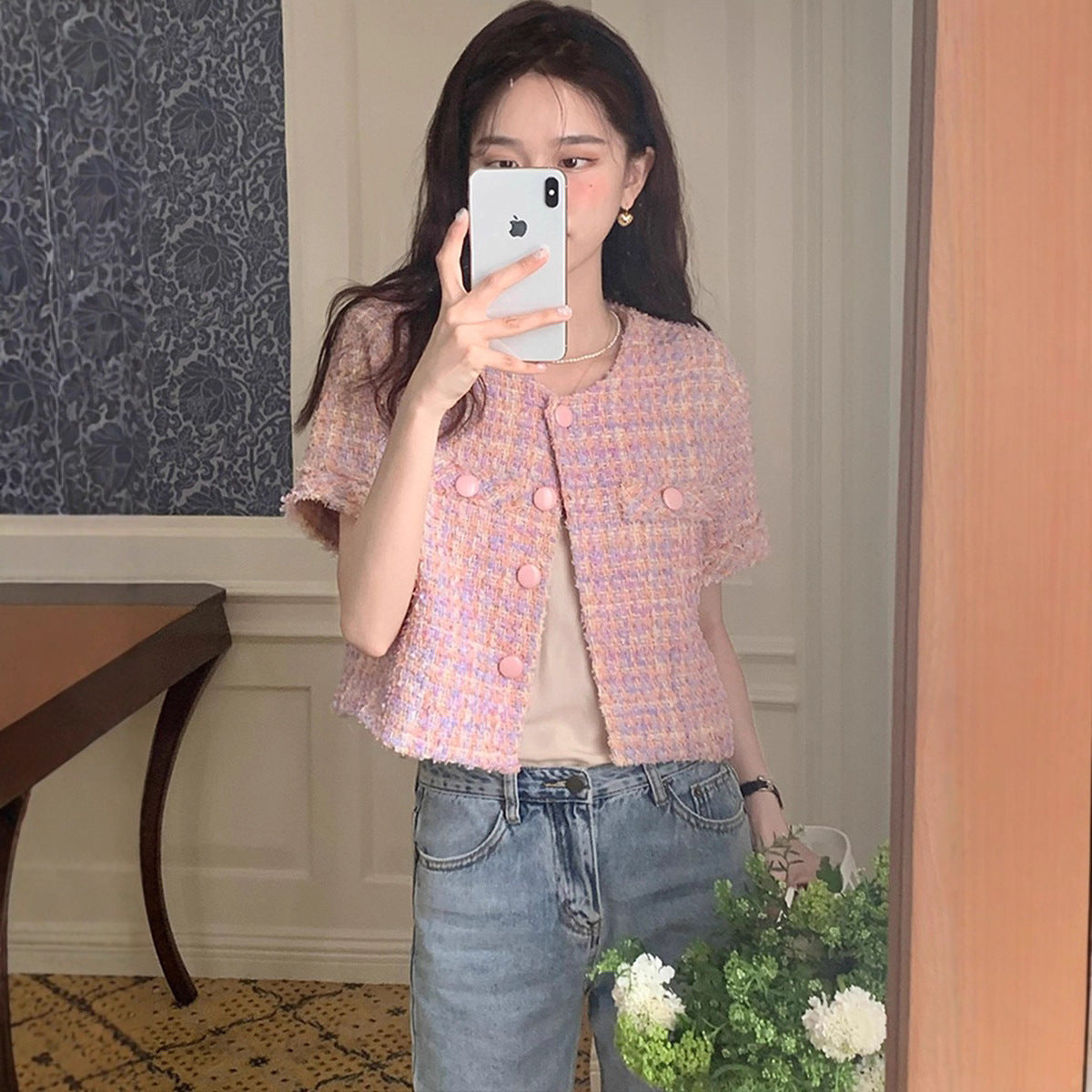 High-grade Round Neck Korean Gentle Short Sleeve Jacket