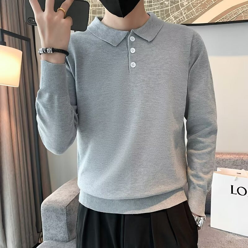 Lapel Long Sleeve Men's Retro Loose Casual Solid Color Sweater