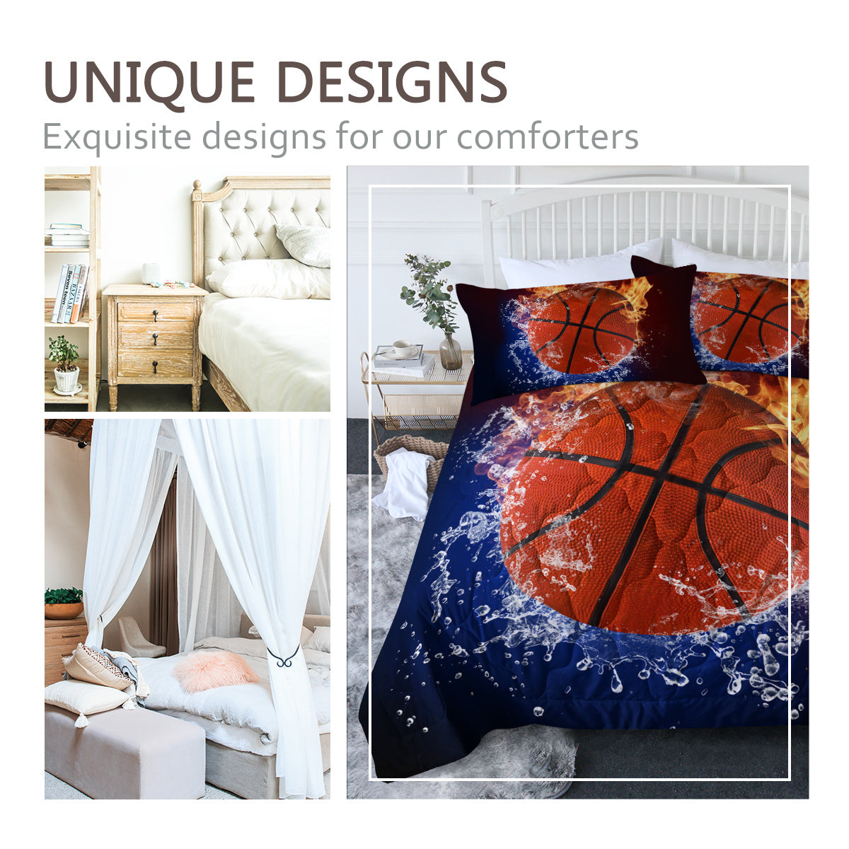 Sports Basketball Pattern Comforters Sets Twin Size 3PC Fire Water Bedding Sets For Boys Include 1 Comforter And 2 Pillowcases