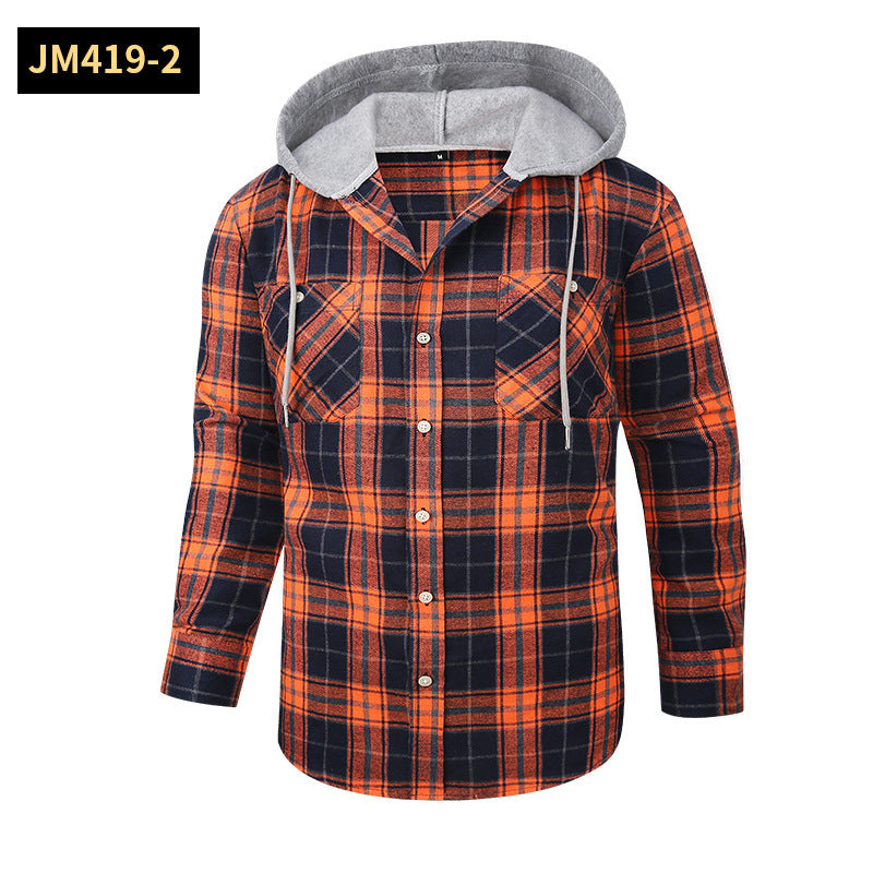 Loose Casual Flannel Long Sleeve Hooded Plaid Shirt