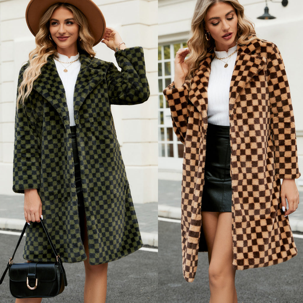 Women's Mid-length Plaid Loose Plush Coat