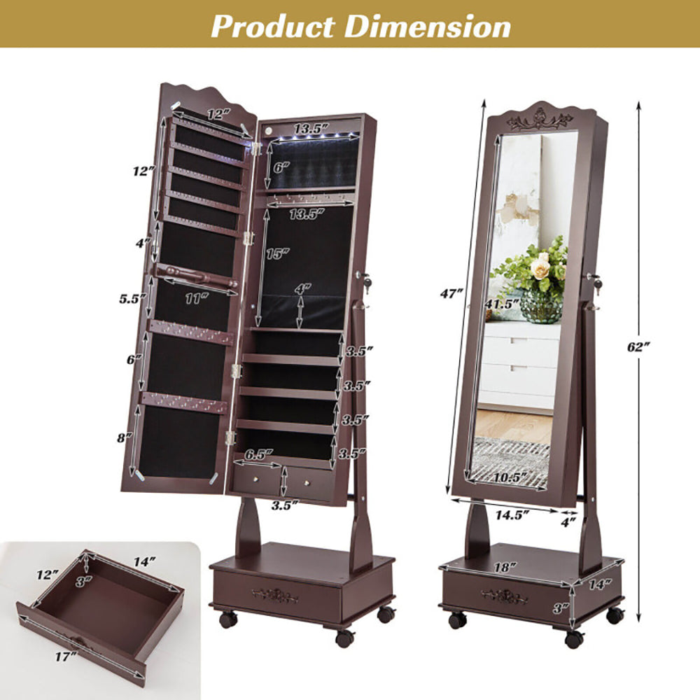 Rolling Floor Standing Mirrored Jewelry Armoire With Lock And Drawers