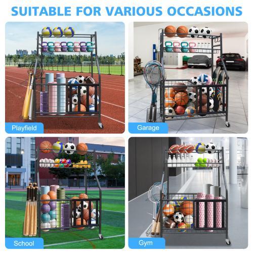 Garage Sports Equipment Storage Rack With Large Capacity, Wheeled, Rolling, Indoor And Outdoor Universal Ball Storage Rack