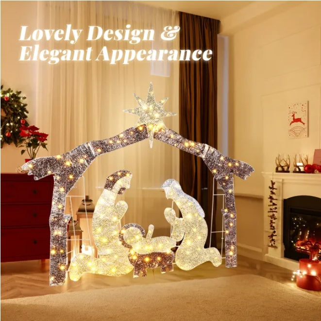 6ft Brown Roof 190LED Lights Nativity Scene Garden Jesus Decoration