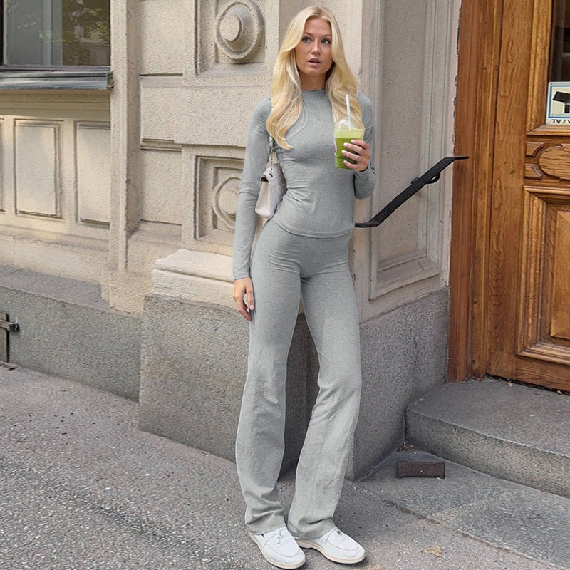 Fashion Casual Crew Neck Top Slim High Waist Bootcut Pants Solid Color Suit