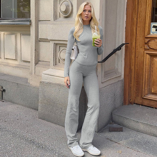 Fashion Casual Crew Neck Top Slim High Waist Bootcut Pants Solid Color Suit