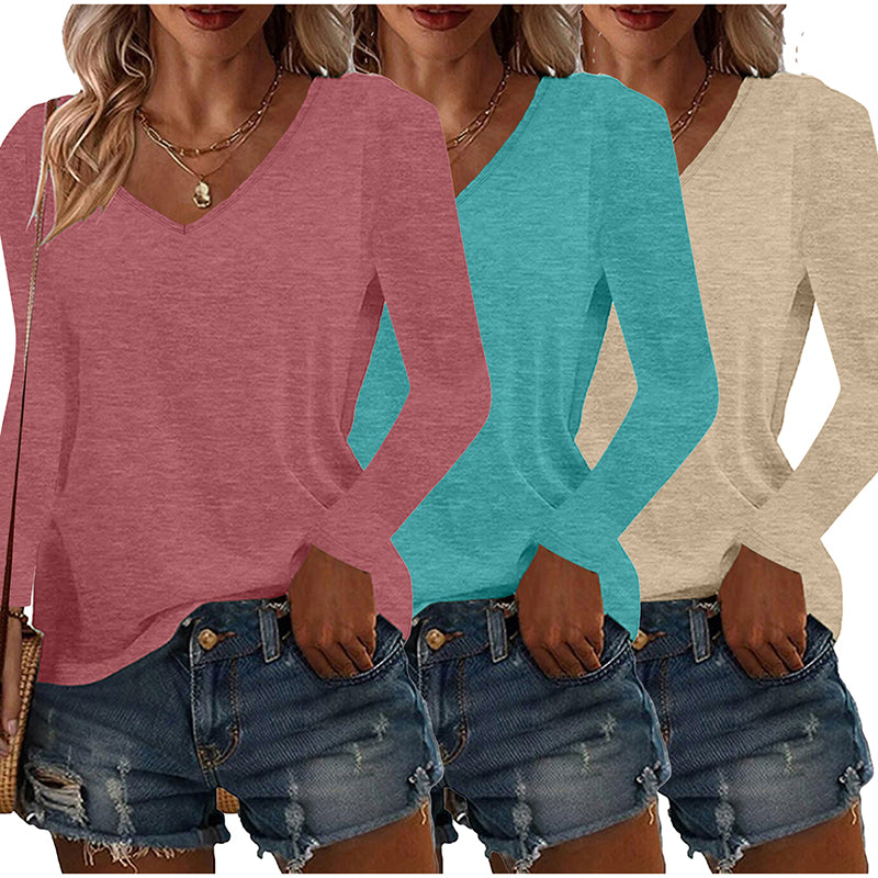Womens Long Sleeve Shirts Fall Tops Basic Tshirts Loose Fit V Neck 3 Packs