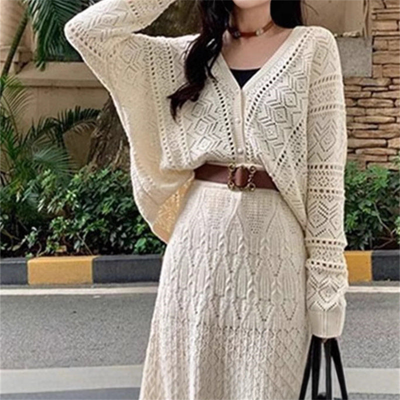 Hollowed-out Elegant Socialite Skirt Lace-up Two-piece Set