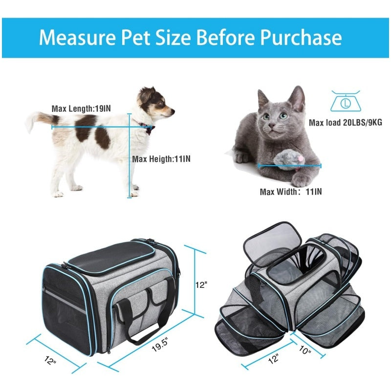 Approved Pet Carrier, Large Soft Sided Pet Travel TSA Carrier 4 Sides Expandable Cat Collapsible Carrier With Removable Fleece Pad And Pockets For Cats Dogs And Small Animals