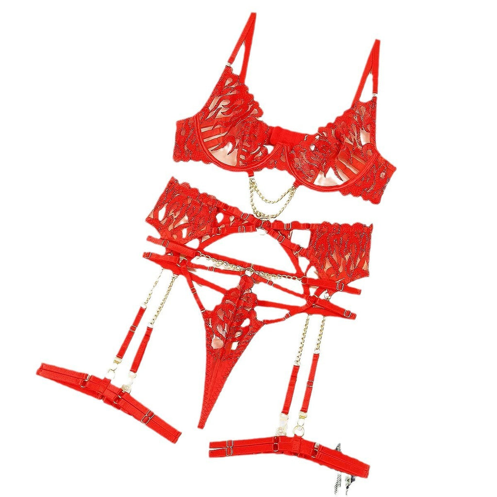 Flame Embroidered Chain Bra Hollow Ribbon Underwear Four-piece Set