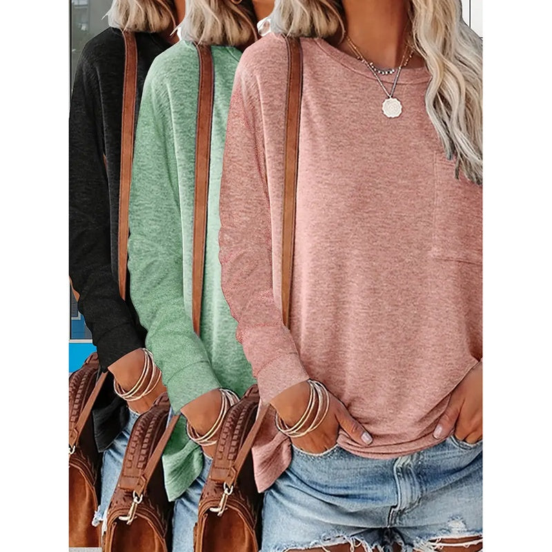3 Pack Women's Long Sleeve Shirts Casual Crew Neck Basic Tops Solid Layer T Shirts For Ladies