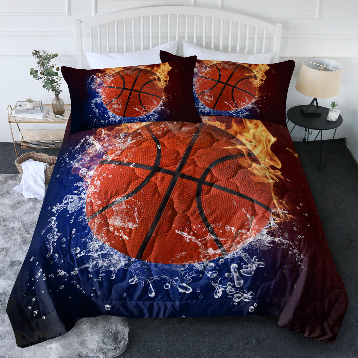 Sports Basketball Pattern Comforters Sets Twin Size 3PC Fire Water Bedding Sets For Boys Include 1 Comforter And 2 Pillowcases