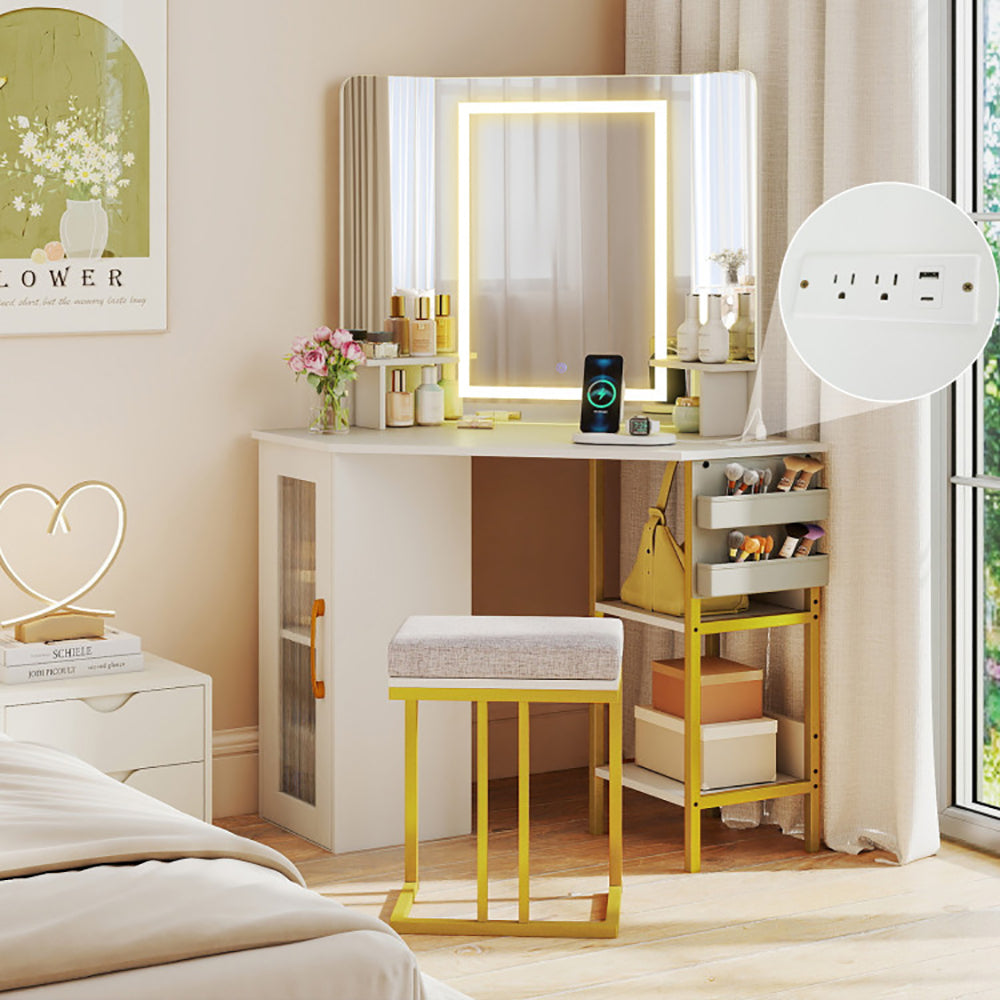 Corner Vanity Desk With Mirror And Lights Makeup Dressing Table With Triple Mirror
