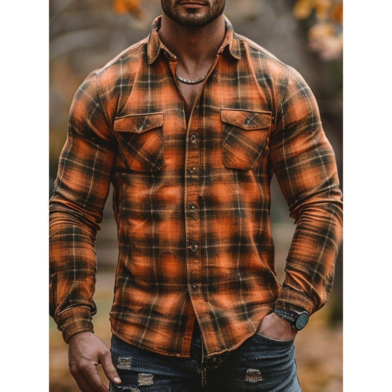 Plaid Printed Fleece-lined Men's Pocket Shirt