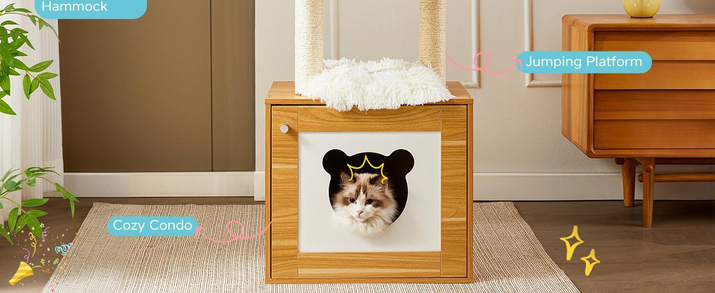 Solid Wood Cat Tree And Tower With Litter Box, Cat Scratching Board And Hammock For Indoor Large Cats